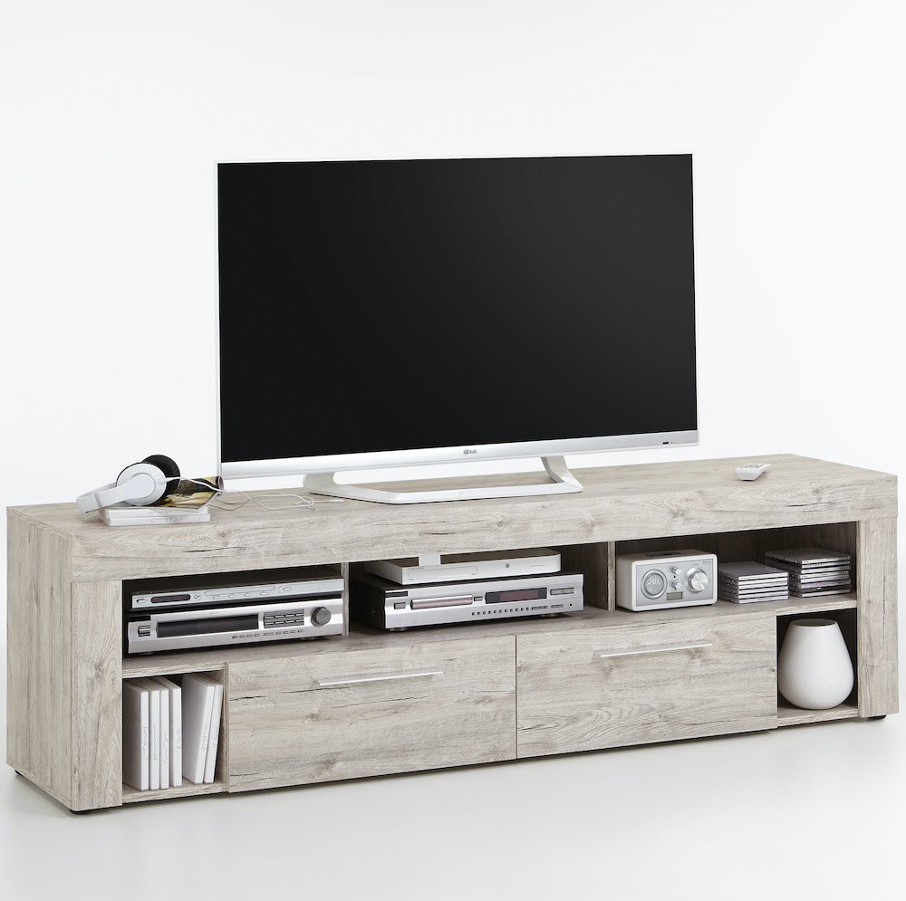 Meuble TV VALEE coloris chêne sable 2 tiroirs 1 plateau fixe 